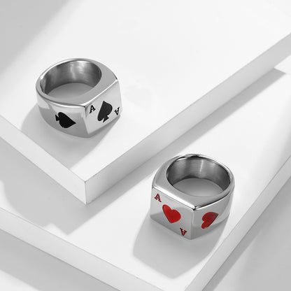 Fashion Red Black Heart Playing Card Titanium Steel Ring