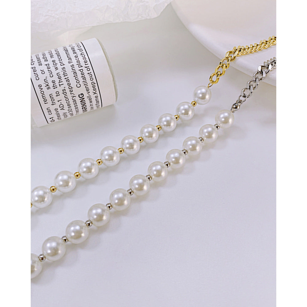 Fashion Heart Pearl Stitching Stainless Steel Necklace Clavicle Chain Wholesale