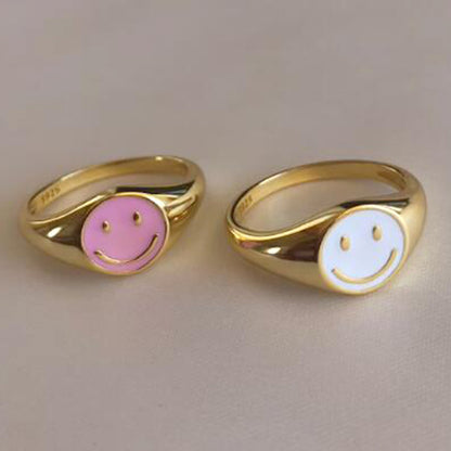 Cross-border European And American New Cute Smiling Face Ring Women's Simple Women's 18k Gold Drop Oil Copper Ring Color Retention