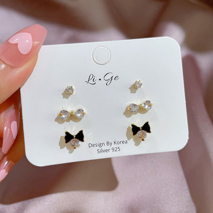 Simple Style Crown Bow Knot Alloy Plating Rhinestones Women's Ear Studs 3 Pairs