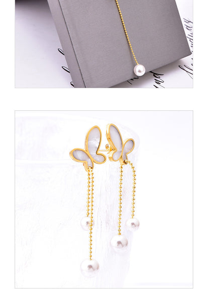 Fashion Butterfly Titanium Steel Pendant Necklace Inlay Artificial Pearls Shell Stainless Steel Necklaces