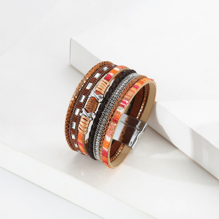 Bohemian Wide-brimmed Color Woven Multilayer Leather Bracelet Wholesale