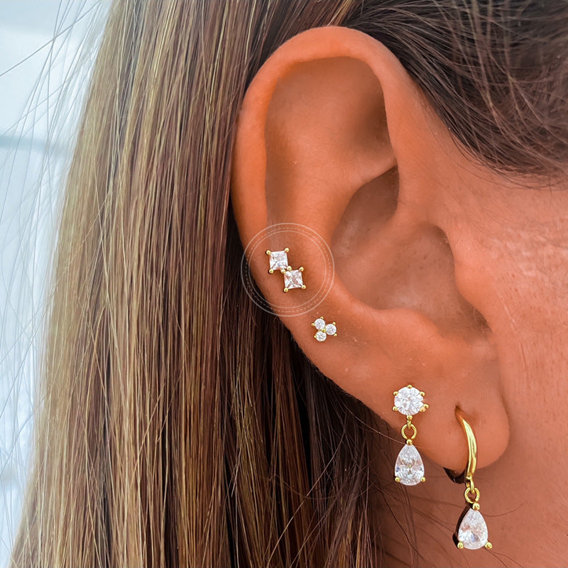 S925 Sterling Silver Four-claw Square Diamond Screw Women's Earrings