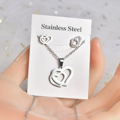 Fashion Love Heart Shape Stainless Steel Hollow Out Earrings Necklace 1 Set