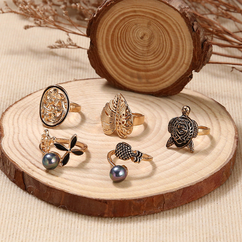 Cross-border Ring Set Fashion Colorful Gray Pearl Hollow Carved Leaves Tortoise Ring 5-piece Set