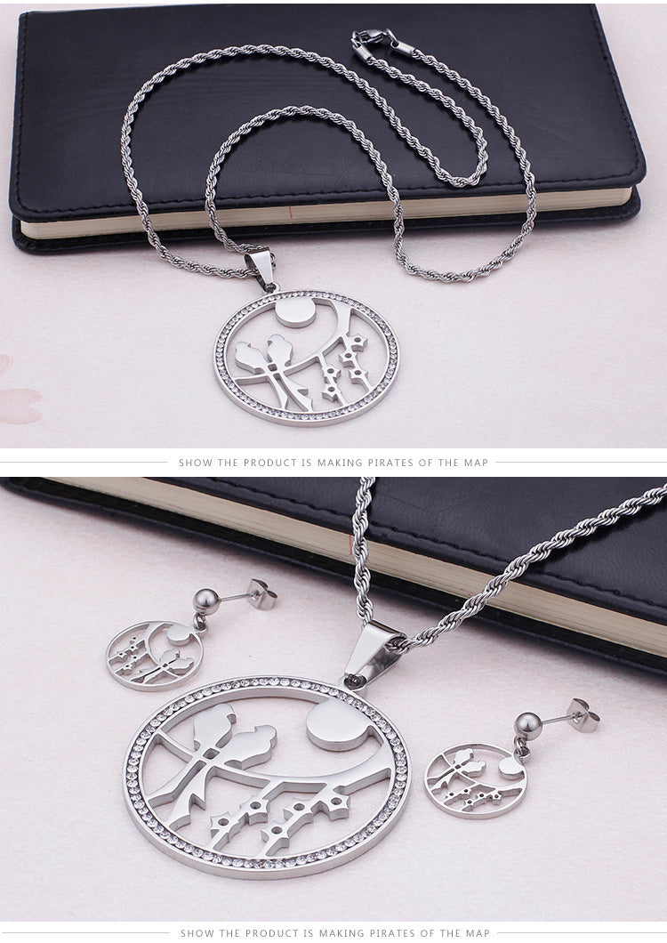 Fashion Titanium Steel Round Hollow Bird Necklace Earrings Set Wholesale Gooddiy