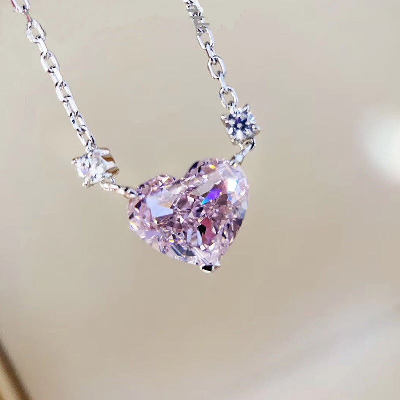 Tik Tok Live Stream Heart-shaped Necklace Female Clavicle Chain Ins Advanced Design Sense Temperament Wild High Carbon Diamond Pink Pendant