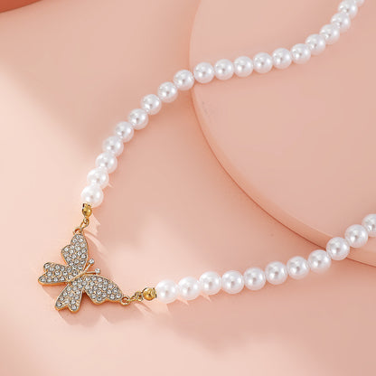 Fashion Personality Diamond Butterfly Pearl Necklace Clavicle Chain Necklace