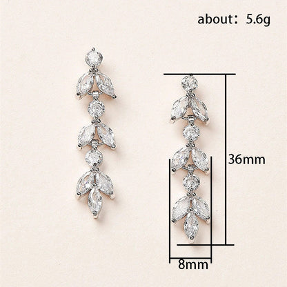 1 Pair Elegant Shiny Leaves Inlay Copper Zircon Drop Earrings