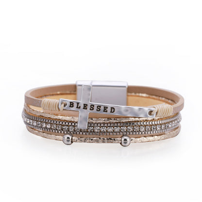 Fashion Cross Fine Diamond Leather Magnetic Buckle Multicolor Bracelet