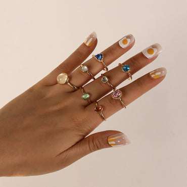 Foreign Trade New Style Fashion Hot Sale Opal Champagne Color Multicolor Joint Ring 8 Piece Set Wholesale