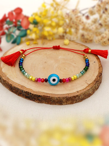 Simple Bohemian Ethnic Style Colored Glaze Blue Eye Beads Rainbow Crystal Beaded Tassel Couple Small Bracelet