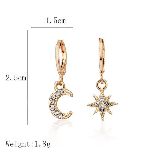 Fashion Diamond Star And Moon Asymmetric Alloy Earrings Wholesale