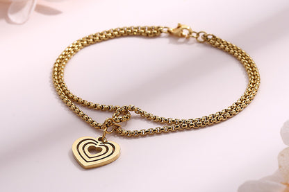 Retro Golden Double-layer Pearl Chain Popular Stainless Steel Multi-layer Heart-shaped Hollow Pendant Bracelet