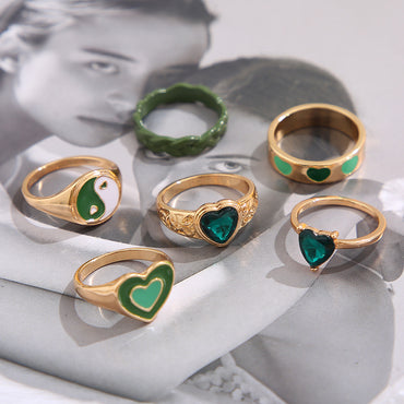 Inlaid Rhinestone Heart Ring Wholesale Tai Chi Love Drop Oil Ring Set Of 6