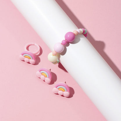 1 Set Sweet Rainbow Arylic Girl's Rings Bracelets Earrings