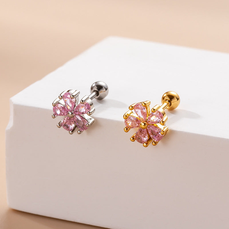 Sweet Flower Stainless Steel Plating Zircon Ear Studs 1 Piece