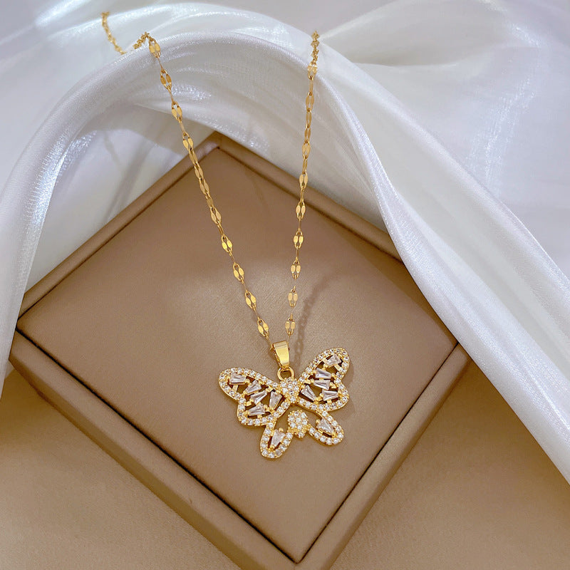 Fashion Butterfly Stainless Steel Copper Plating Zircon Pendant Necklace