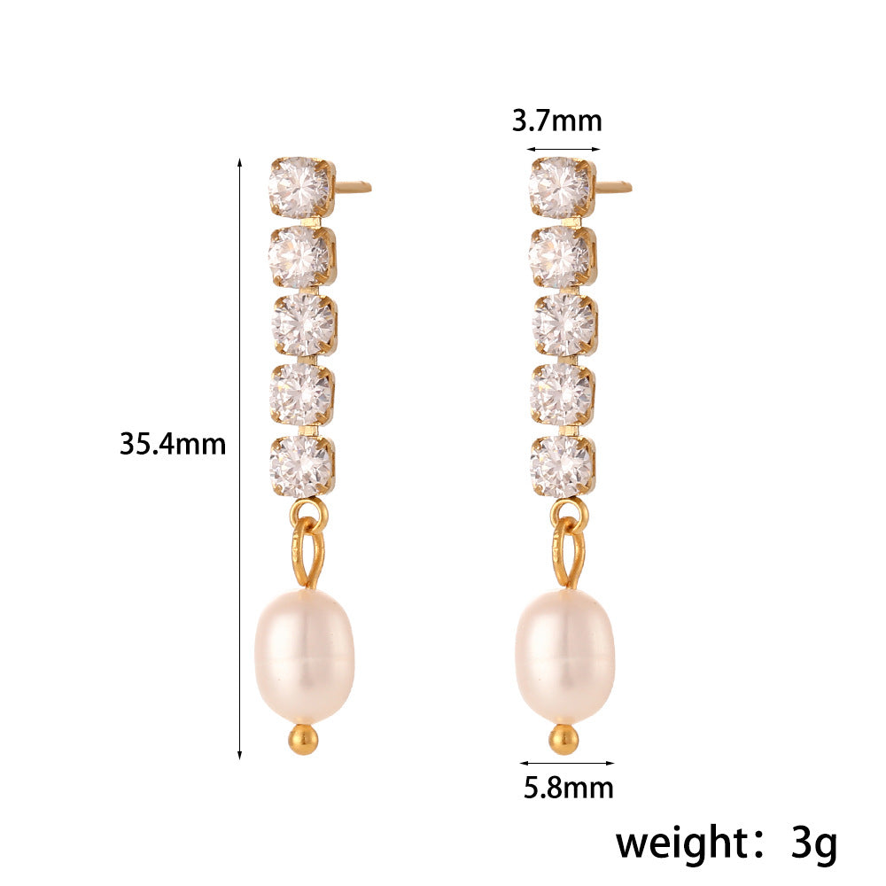 Elegant Square Inlay Stainless Steel Artificial Pearls Zircon Gold Plated Earrings