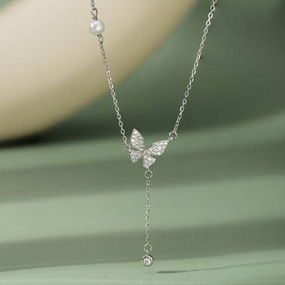 Fashion Butterfly Silver Pearl Plating Inlay Zircon Necklace 1 Piece