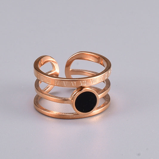 Fashion Inlaid Black Stone Three-circle Roman Number Printing Open Titanium Steel Ring Wholesale Gooddiy