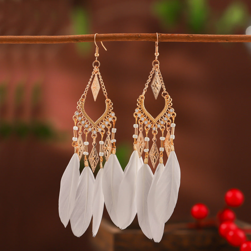 Vintage Fan-shaped Tassel Feather  Long Bohemian Beads Drop Earrings Wholesale