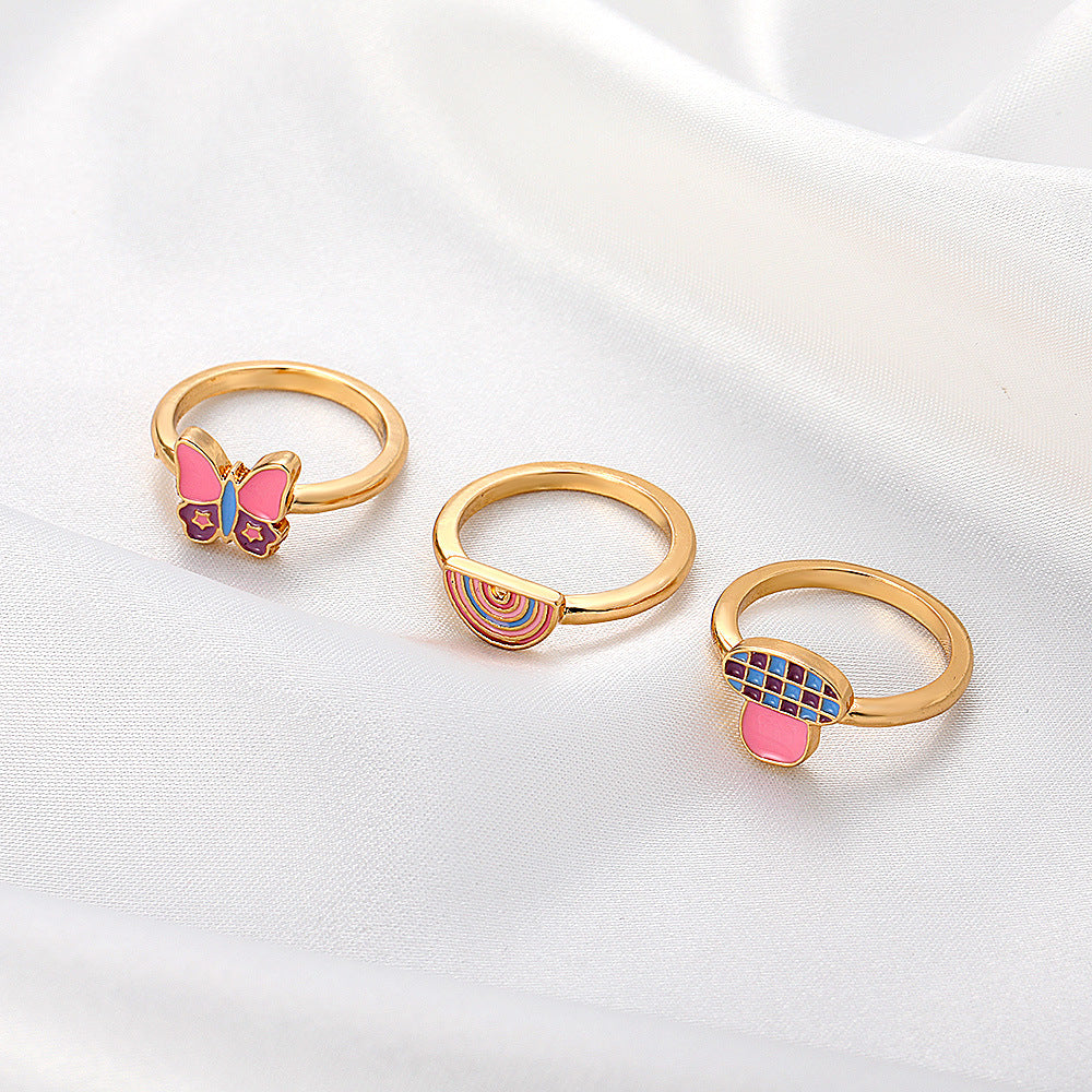 Wholesale Jewelry Cute Dripping Oil Butterfly Mushroom Rainbow Ring Gooddiy