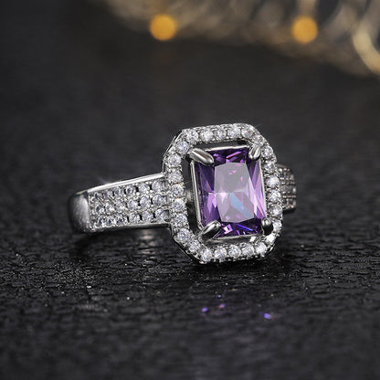 New Simple Fashion Square Copper Inlaid Purple Zircon Ring Wholesale