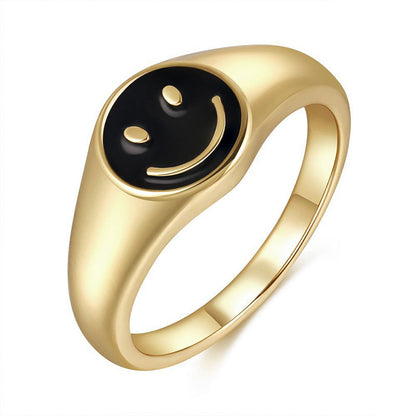 Cross-border European And American New Cute Smiling Face Ring Women's Simple Women's 18k Gold Drop Oil Copper Ring Color Retention