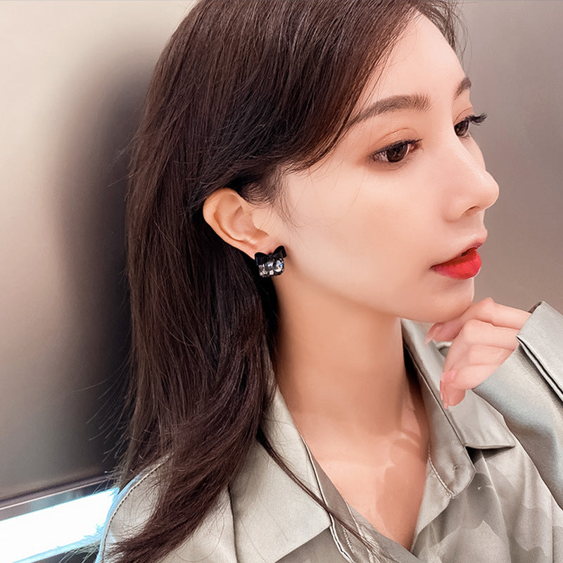Korean Black Square Bow Earrings