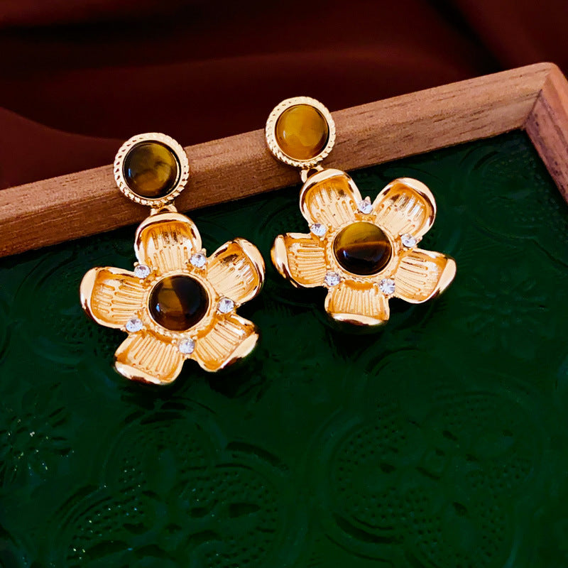 1 Pair IG Style Elegant Flower Plating Tiger Eye Drop Earrings