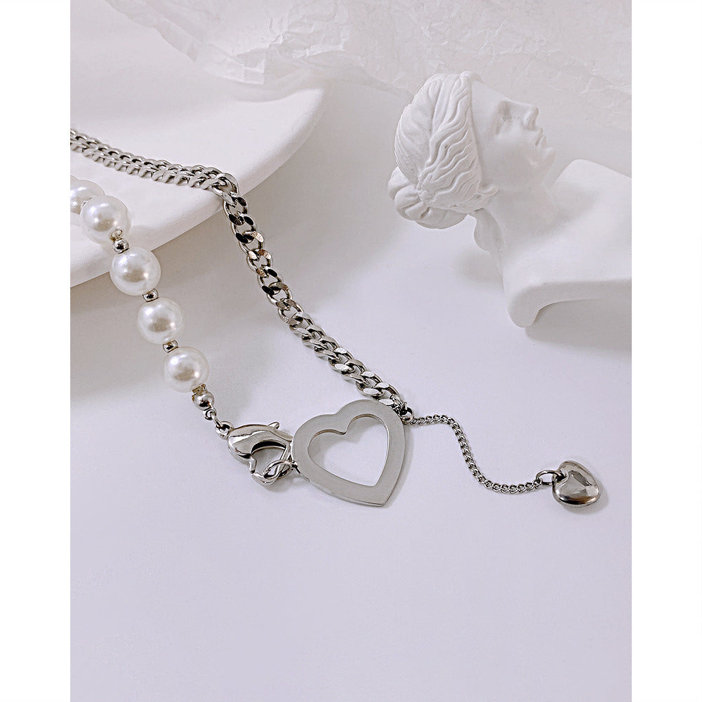 Fashion Heart Pearl Stitching Stainless Steel Necklace Clavicle Chain Wholesale