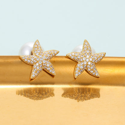 Fashion Golden Starfish Micro-inlaid Zircon Earrings Wholesale