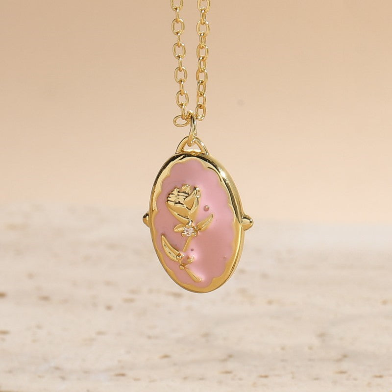 Bohemian Pink Love Rose Zircon Dripping Oil Necklace Fashion OL Light Luxury Copper Plated 14K Real Gold Jewelry