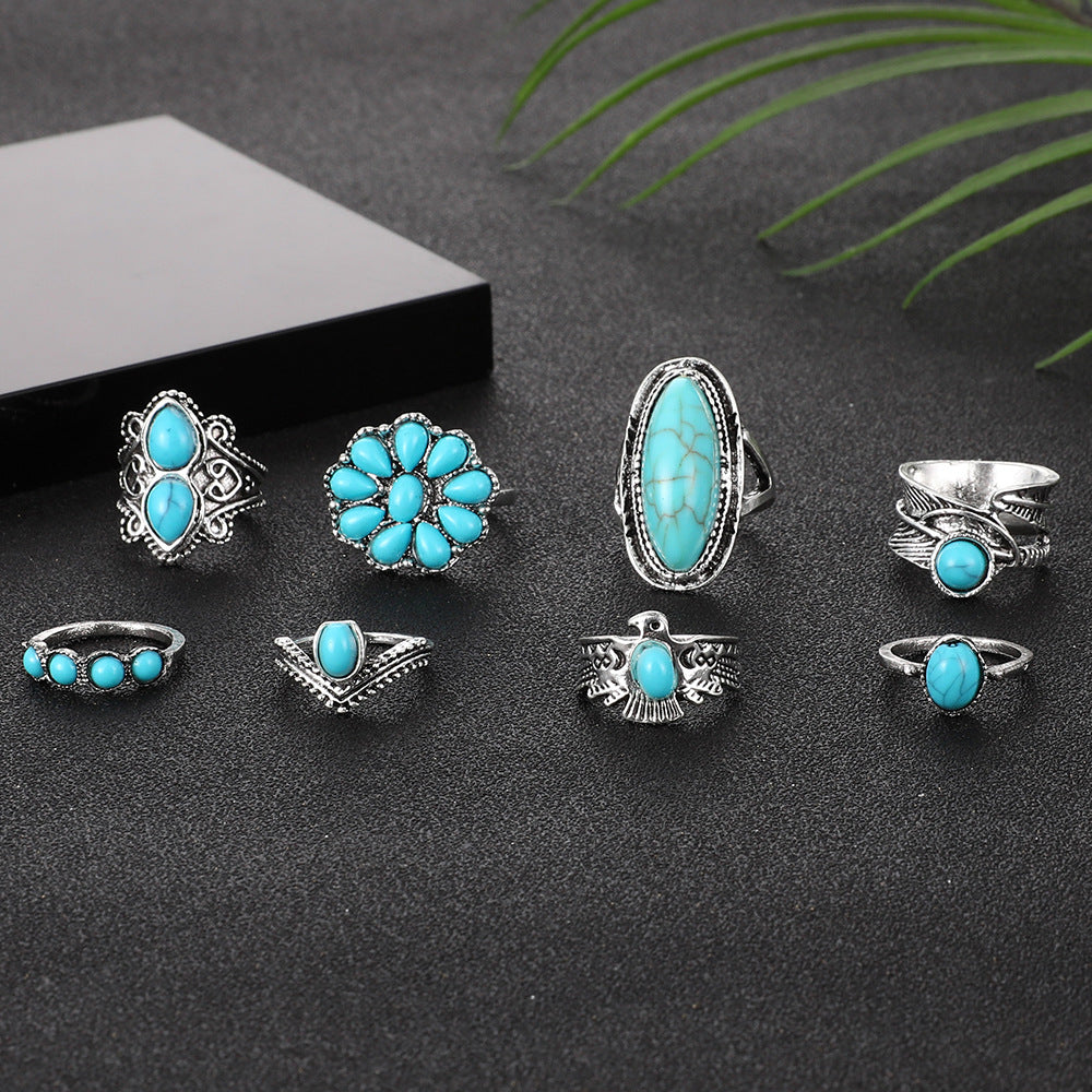 Exaggerated Ethnic Style Cool Style Leaf Round Snake Alloy Plating Inlay Turquoise Women's Rings