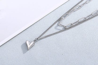 Fashion Stainless Steel Square Chain Double Layer Necklace Love Pendant Necklace