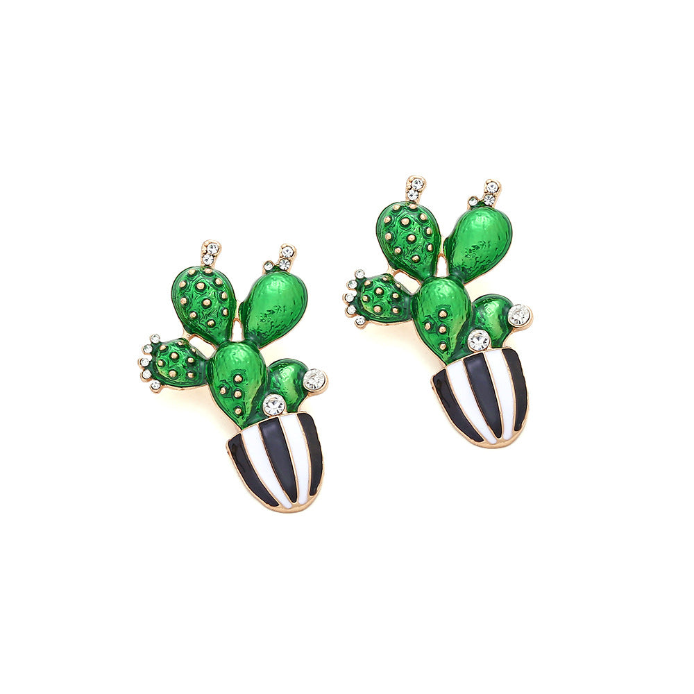 1 Pair Novelty Cactus Enamel Alloy Rhinestones Ear Studs