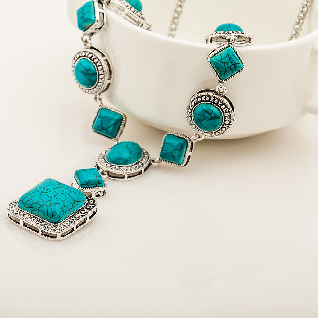 Retro Square Oval Water Droplets Alloy Inlay Turquoise Women's Bracelets Earrings Necklace