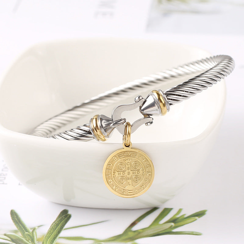 Ethnic Style Round Stainless Steel Charm Plating Bangle