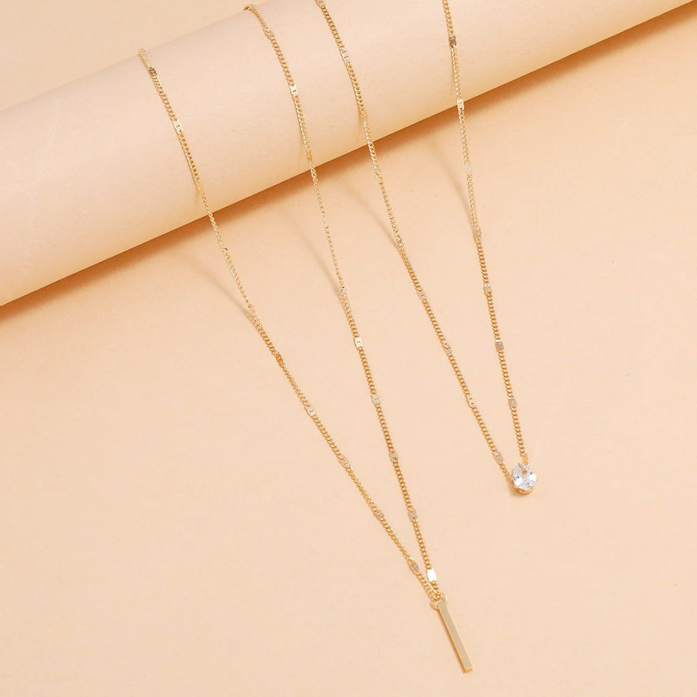 Fashion Double Layered Two-piece Drop-shaped Diamond Long Tassel Pendant Necklace