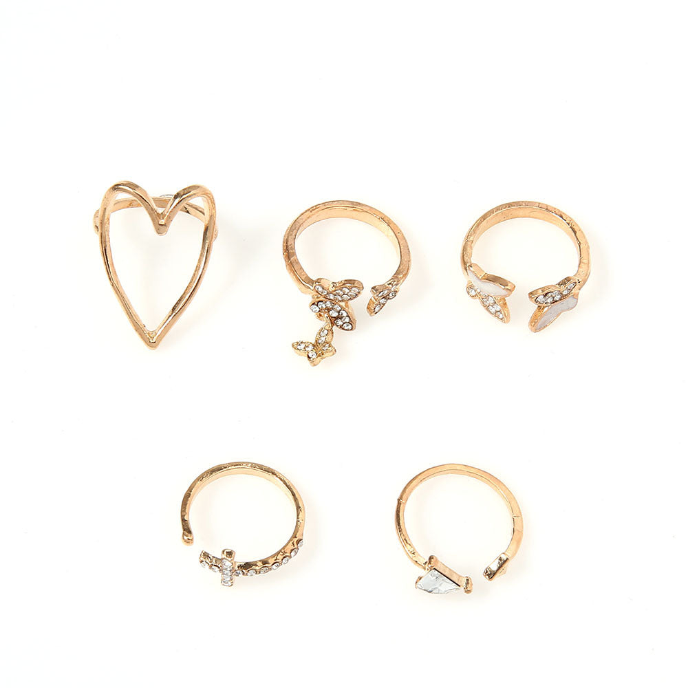 New Style Fashion Cross Triangle Love Heart Hollow Full Diamond Dripping Butterfly Ring 5-piece Set