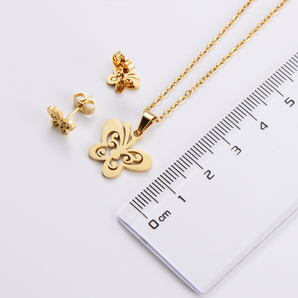 Stainless Steel Hollow Butterfly Pendant Earrings Clavicle Chain Set