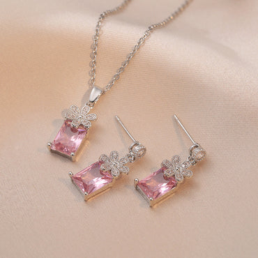 Classic Style Square Titanium Steel Inlay Artificial Gemstones Earrings Necklace