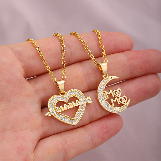 Fashion Mama Letter Heart Shape Stainless Steel Rhinestone Plating Inlay Zircon 18k Gold Plated Pendant Necklace