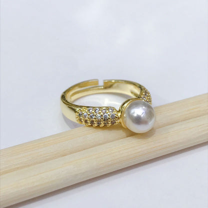 Retro Fashion Pearl Geometric Tulip Planet Copper Micro-encrusted Zircon Ring