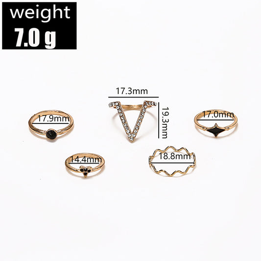 Cross-border New Ring 5-piece Set Fashion V-shaped Diamond Ring Ring Personalized Black Gem Ring