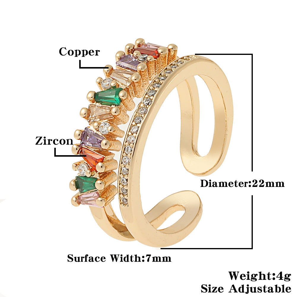 New Double-layer Geometric Copper Micro-set Multiple-row Zircon Open Ring