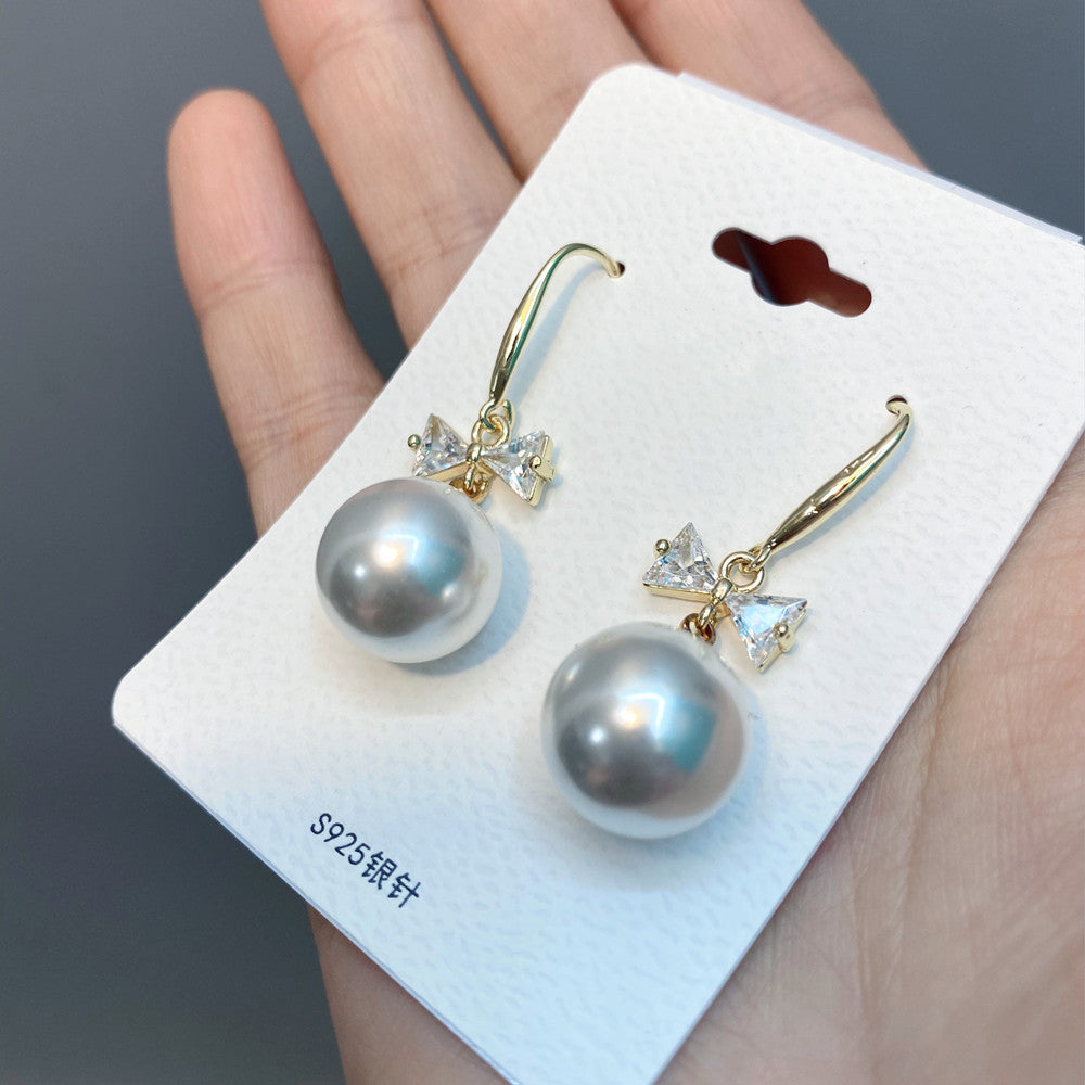 Zircon Bowknot Pearl 925 Silver Needle Earrings