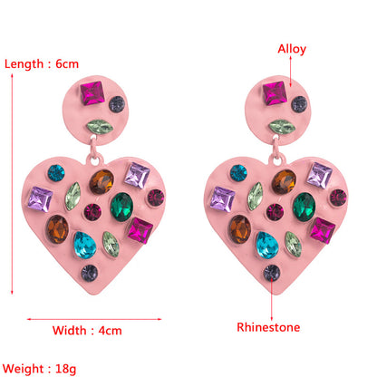 European And American Fashion Heart-shaped Earrings Alloy Paint Color Rhinestone Earrings