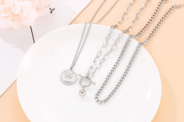 Europe And America Cross Border E-commerce Sweater Chain Personalized Retro Avatar Pendant Three-layer Necklace Trendy Round Beads Ot Buckle Necklace